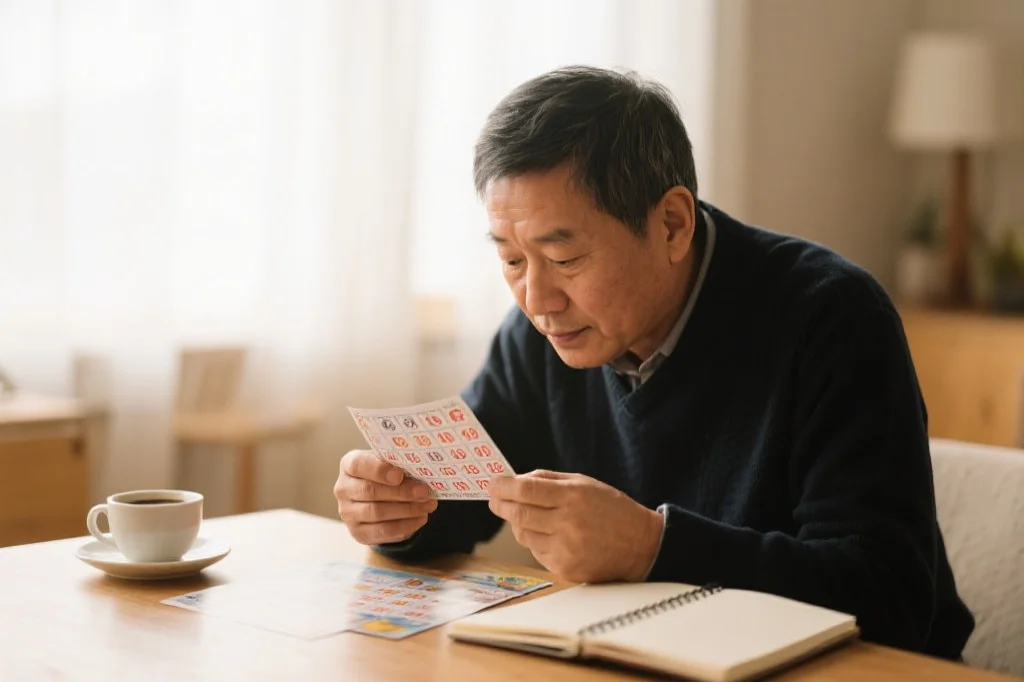 一位中年男性认真分析彩票号码，旁边有一本笔记本和咖啡，环境安静温馨