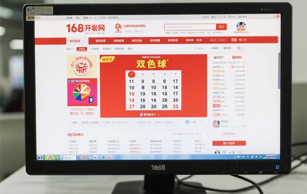 电脑屏幕上显示着168开奖网界面，页面中央突出展示双色球开奖号码
