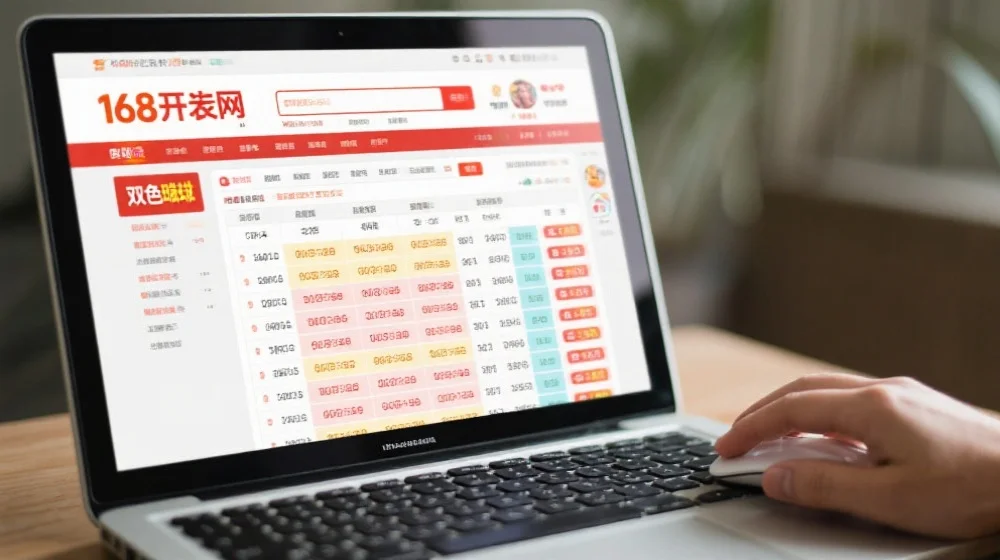 一台笔记本电脑屏幕上显示着168开奖网界面，页面上有清晰的双色球开奖结果列表，旁边有一只手正在操作鼠标